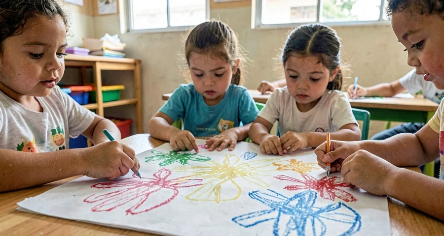 papel com marcas coloridas de mãos e pés feitas por crianças na creche