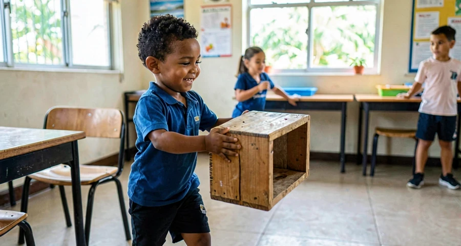 Desenvolvimento motor: criança pequena transportando caixa com segurança em atividade de educação física