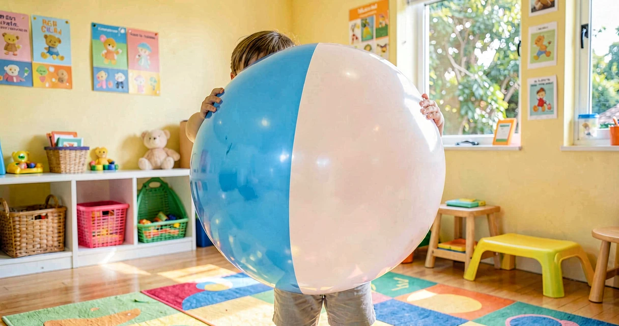 plano de aula carregando a bola grande: criança da creche carregando bola grande com os braços