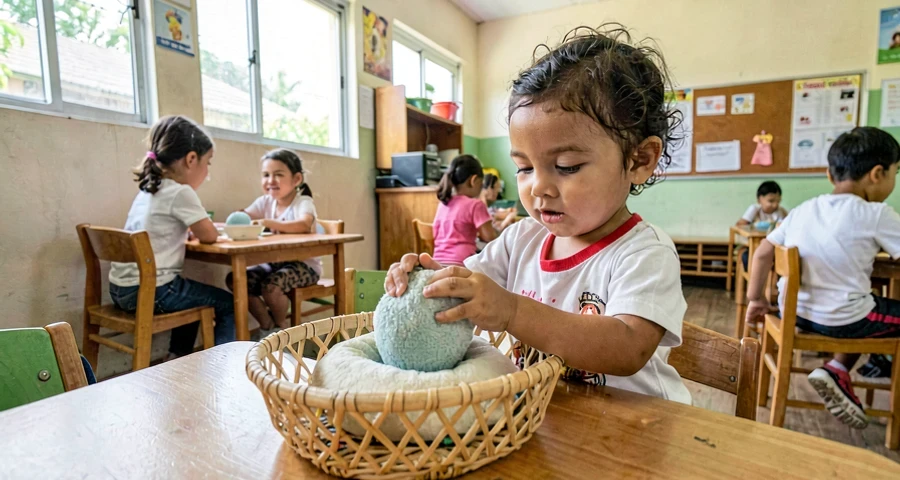 bebê tocando objeto de textura macia em cesta sensorial na creche