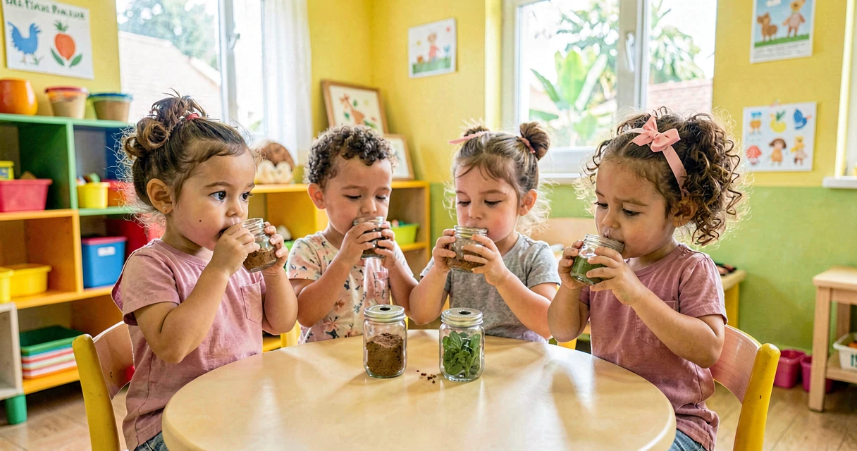 plano de aula cheirando potinhos aromáticos: crianças da creche cheirando potinhos com aromas diferentes