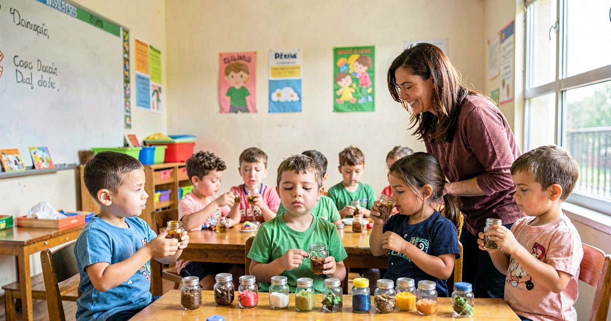 plano de aula potinhos misteriosos: crianças da pré-escola cheirando potinhos com aromas