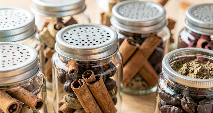 potinhos com tampa furada contendo itens aromáticos para atividade sensorial