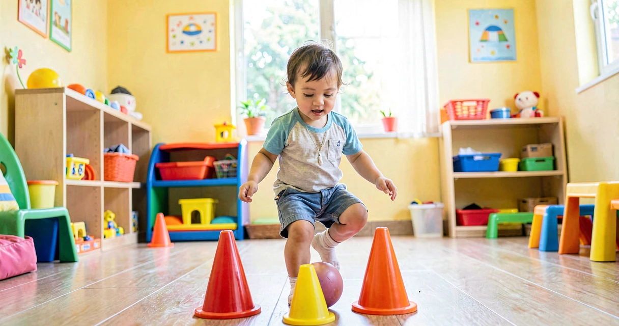 plano de aula conduzindo a bola entre cones: criança da creche conduzindo bola com o pé entre cones