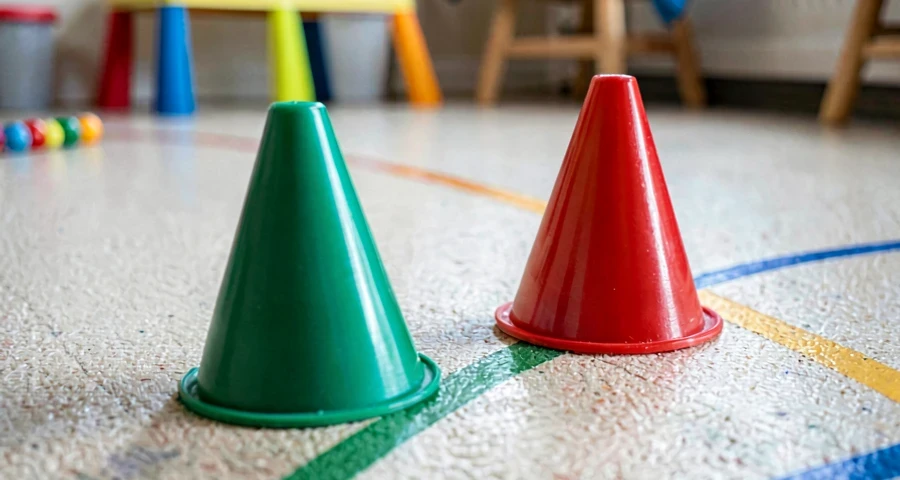 cones usados em atividade motora de condução de bola na creche