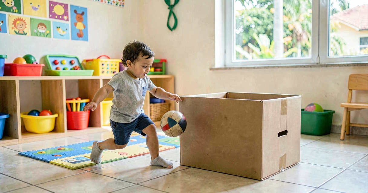 plano de aula chutando a bola no alvo: criança da creche chutando bola em direção a caixa