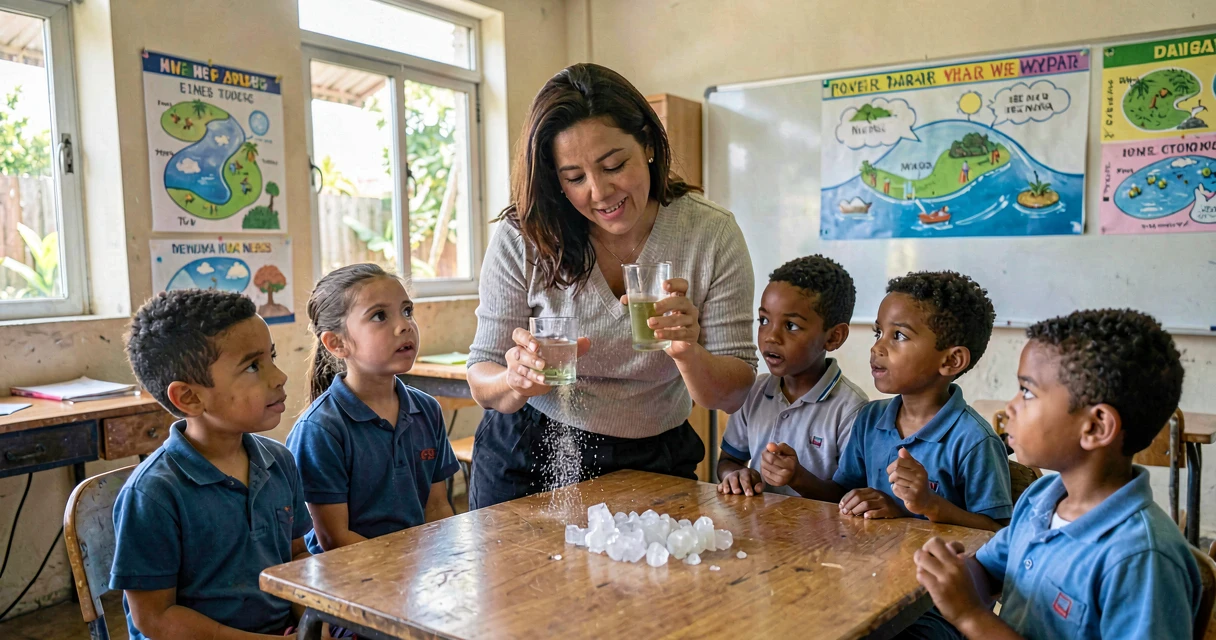 Ciclo da água: professora demonstrando condensação com vidro e gelo em aula de ciências do 3º ano