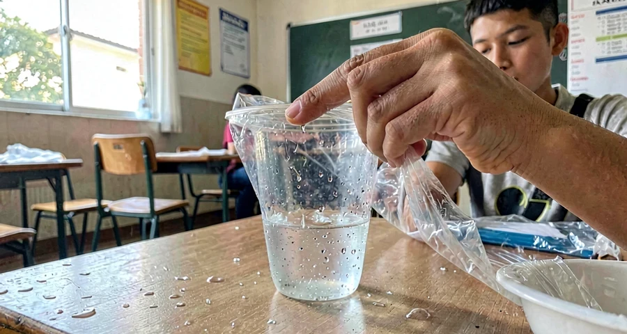 Experimento de condensação: gotículas de água formadas no filme plástico que cobre copo com gelo, ilustrando o processo em aula prática