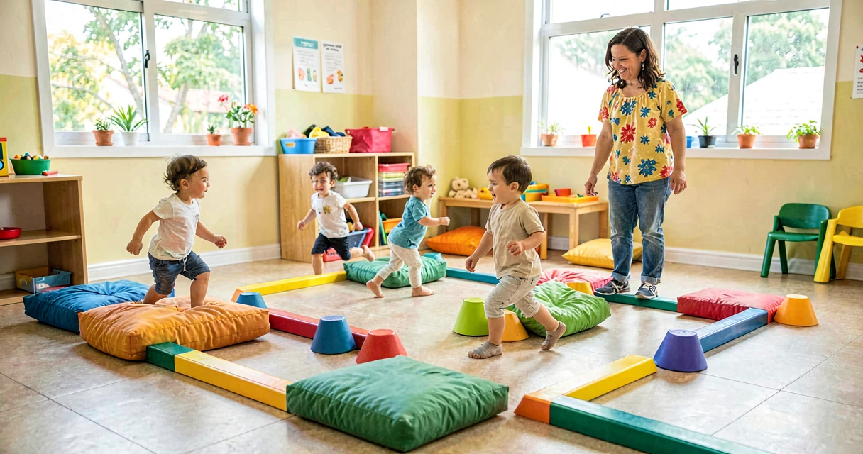 circuito motor infantil: crianças bem pequenas desviando de almofadas coloridas em sala de aula de creche com professor