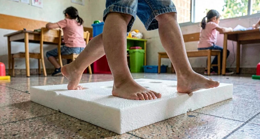 desvio de obstáculos creche: detalhe dos pés de criança pequena sobre almofada de espuma durante atividade motora