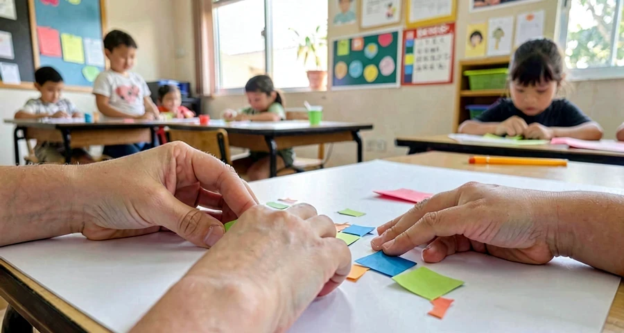 colagem infantil: detalhe das mãos de criança bem pequena colando pedaços de papel colorido em folha branca