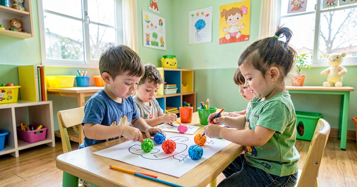 plano de aula bolinhas de papel crepom: crianças da creche colando bolinhas coloridas em desenho