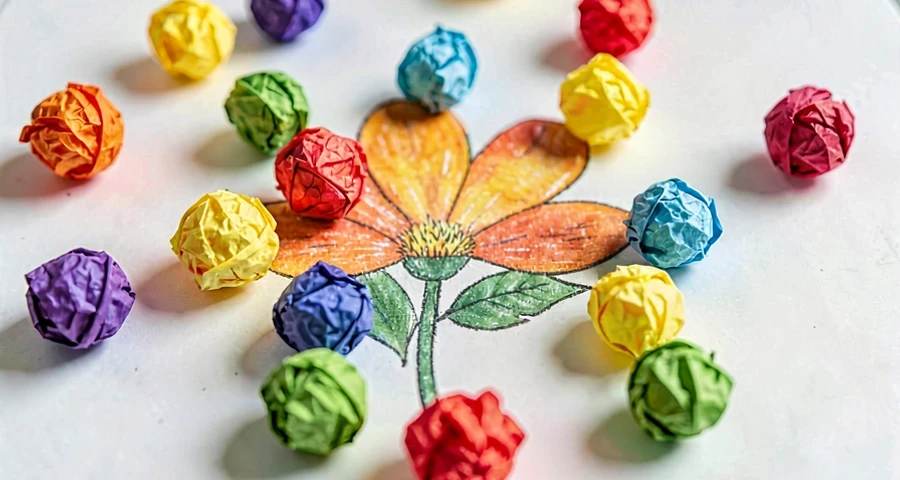 desenho com bolinhas de papel crepom coladas em atividade artística na creche