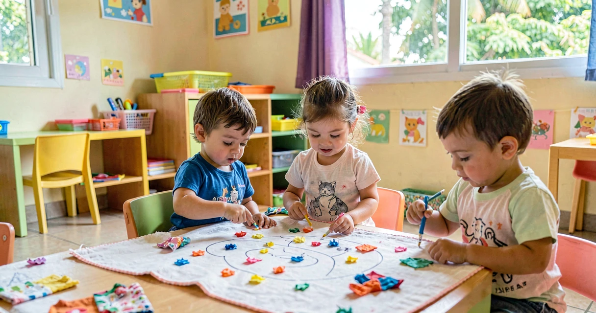 plano de aula cobertor de retalhos: crianças da creche colando retalhos de tecido em desenho de cobertor