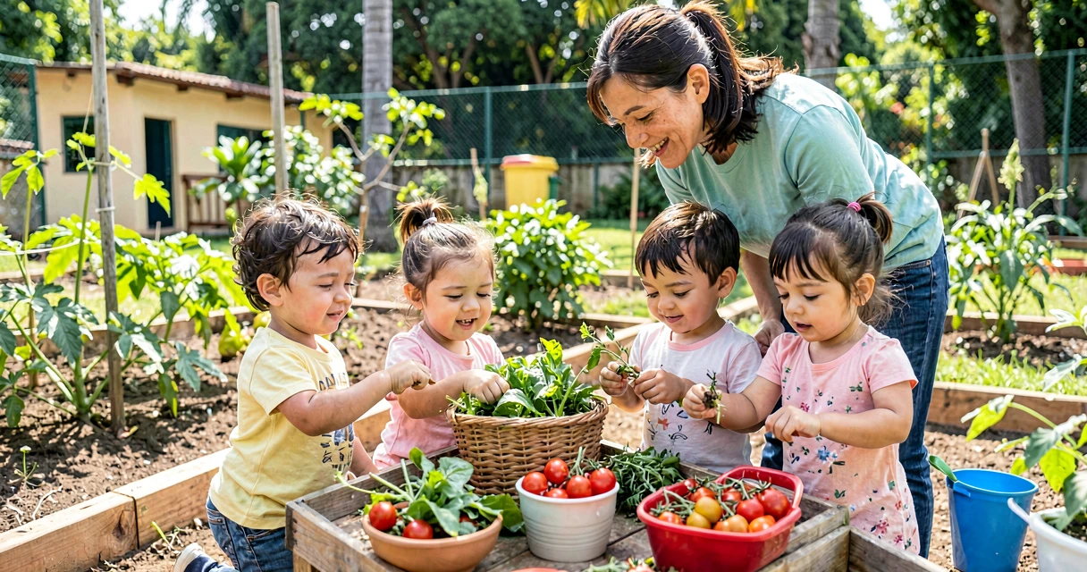 plano de aula colhendo da horta: crianças da creche colhendo alimentos da horta escolar