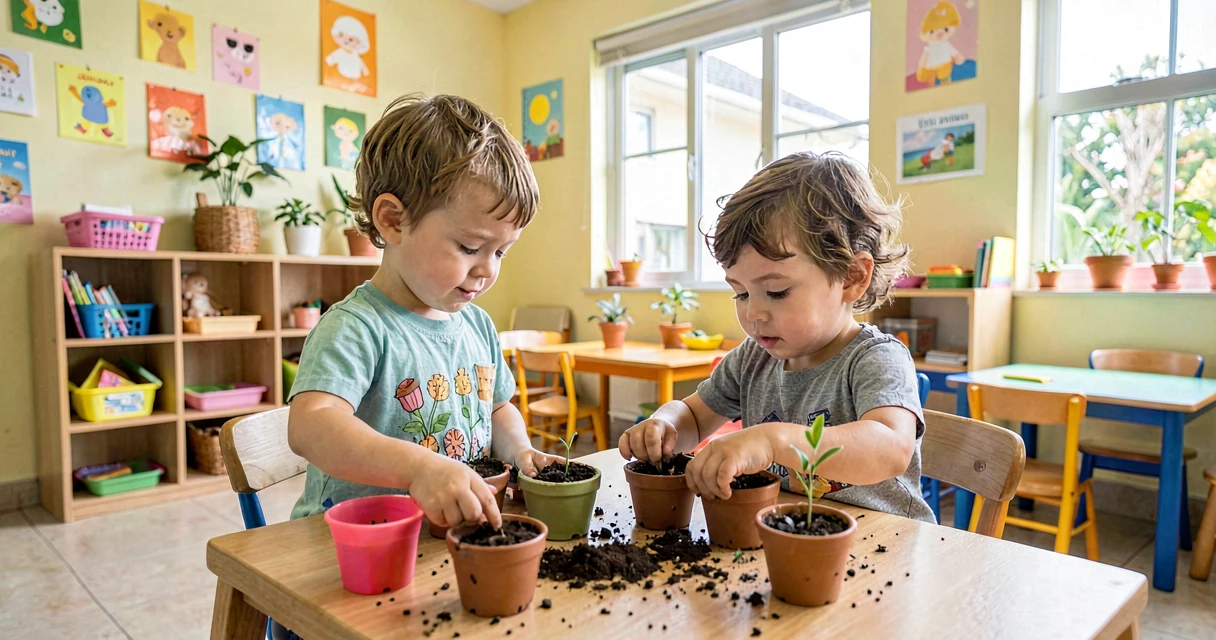 plano de aula plantando sementes: crianças da creche plantando sementinhas em vasos pequenos