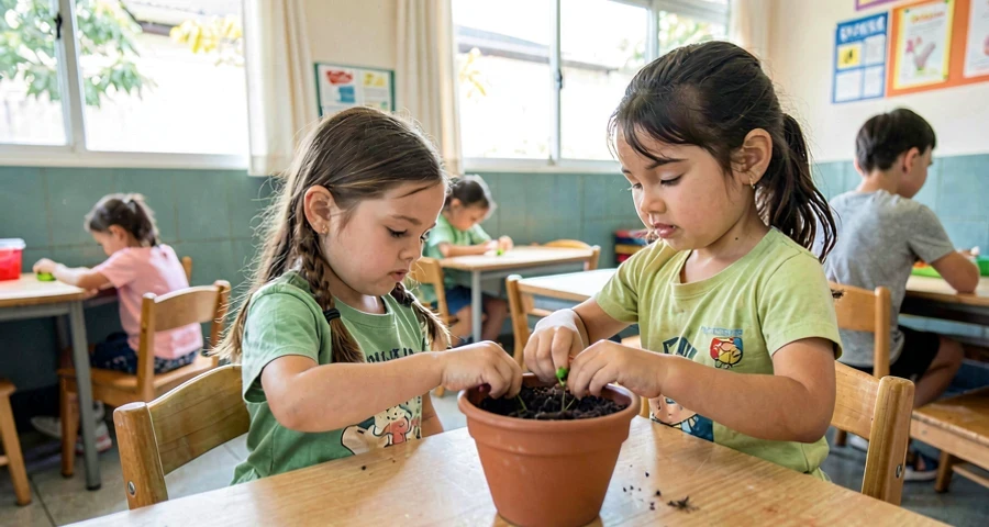 criança da creche plantando semente em vaso durante atividade na creche