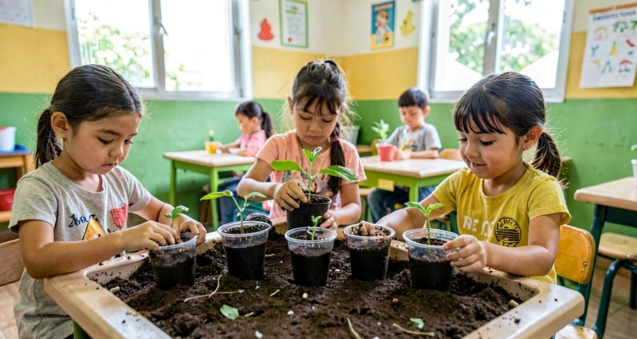 vasos com terra preparados para atividade de plantio de sementes na creche