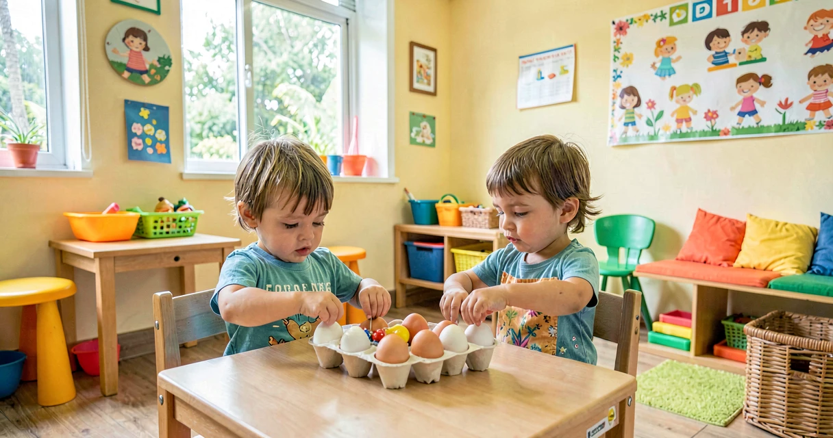 plano de aula um objeto em cada espaço: crianças da creche preenchendo caixa de ovos com objetos