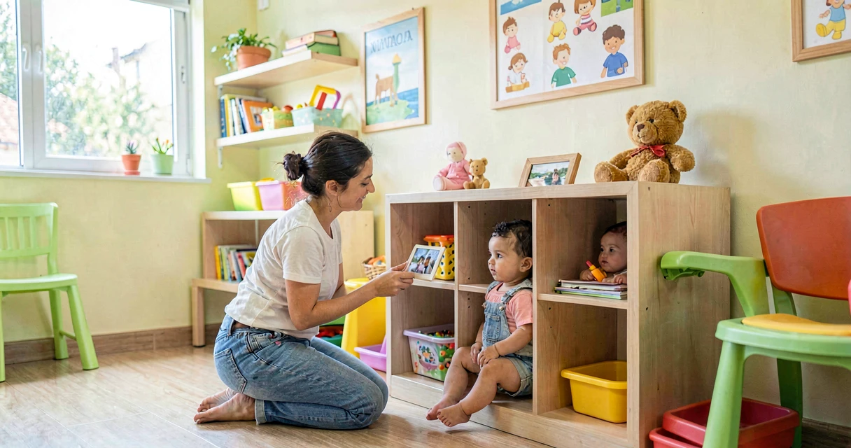 plano de aula foto nos pertences: educadora identificando espaço pessoal de bebê na creche