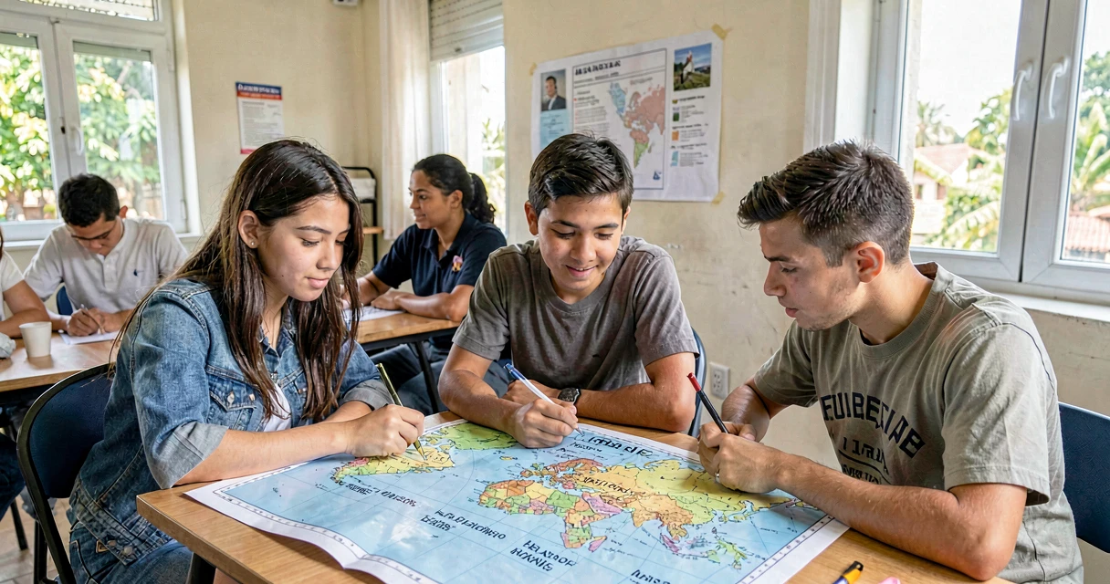 plano de aula influência cultural europeia: alunos do 9º ano analisando mapa de idiomas no mundo