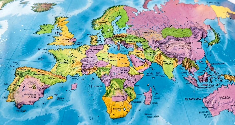 mapa-múndi com idiomas de origem europeia marcados por cor em diferentes continentes