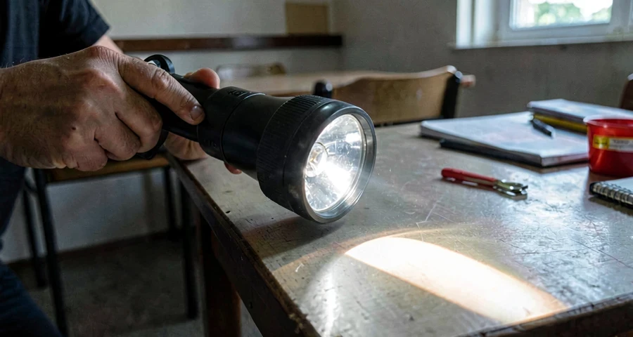 experimento de iluminação teatral com lanterna criando sombra dramática em sala de aula