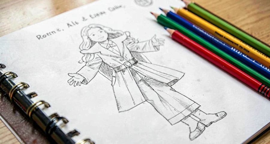 planejamento de figurino e cenário desenhado para personagem teatral em atividade de arte