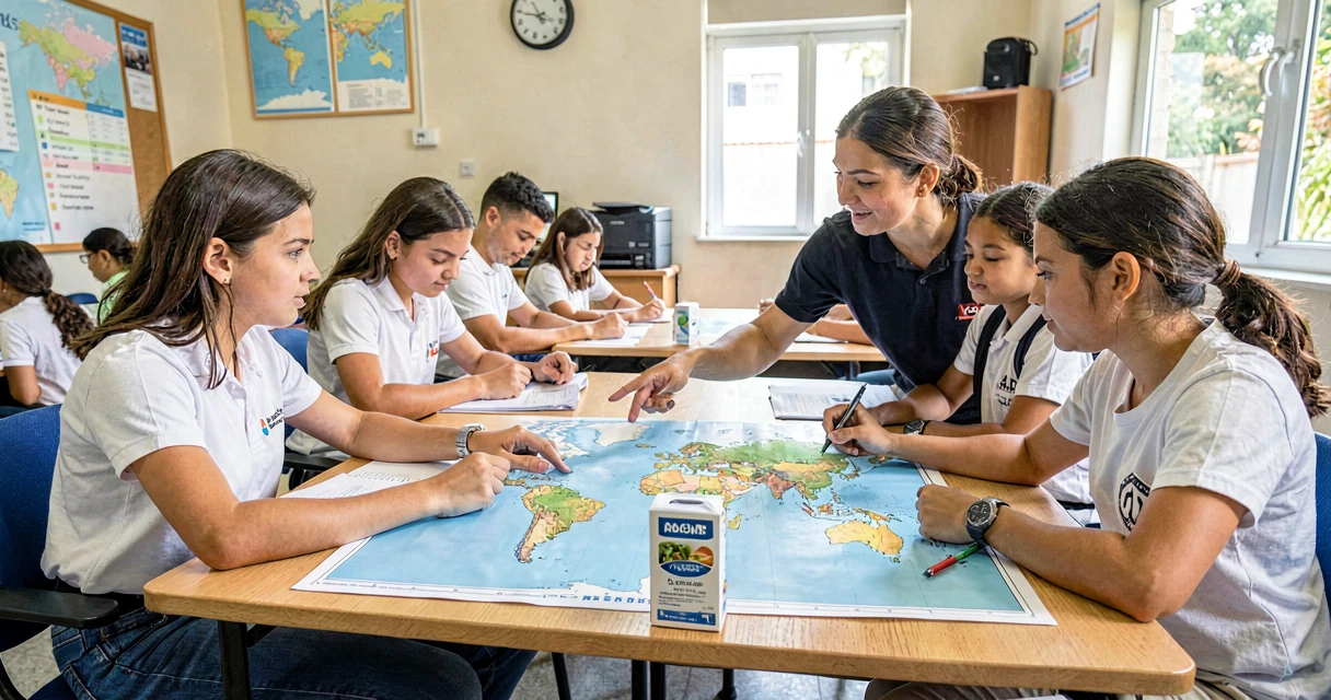 plano de aula globalização: alunos do 9º ano analisando mapa-múndi e etiqueta de produto