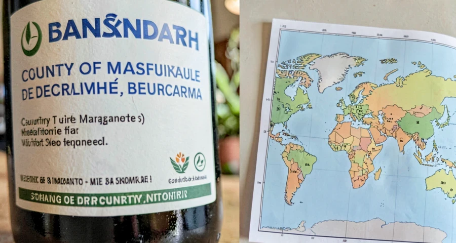 etiqueta de produto mostrando país de fabricação ao lado de mapa-múndi marcado