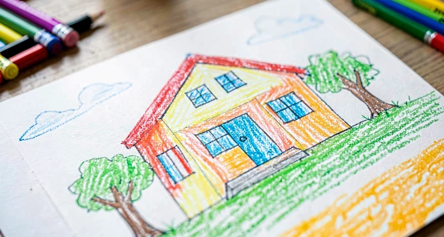 desenho colorido de casa feito por criança na pré-escola