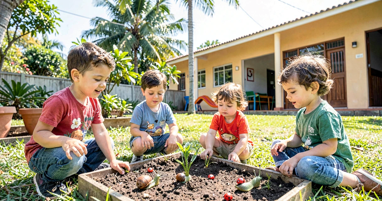 plano de aula comparando bichinhos: crianças da creche observando pequenos animais do quintal
