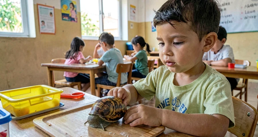 criança da creche observando caramujo durante atividade investigativa
