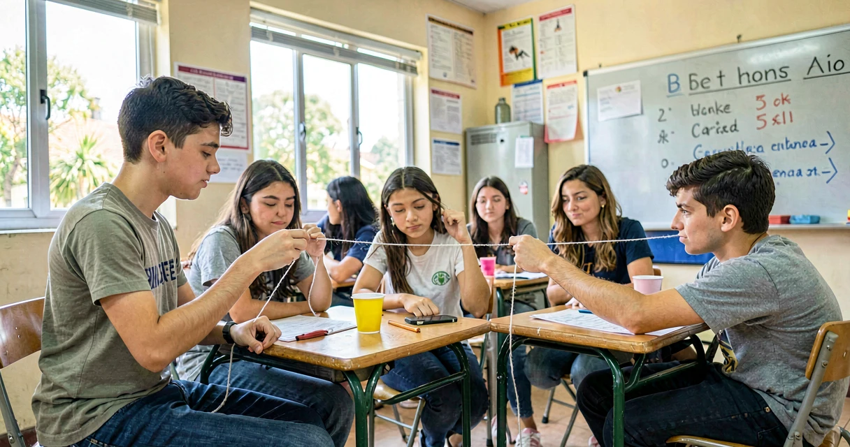 plano de aula ondas sonoras e luminosas: alunos do 9º ano testando telefone de barbante