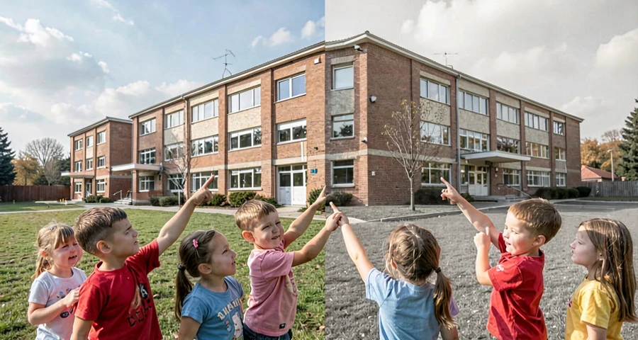crianças da pré-escola comparando escola atual com foto antiga do mesmo espaço