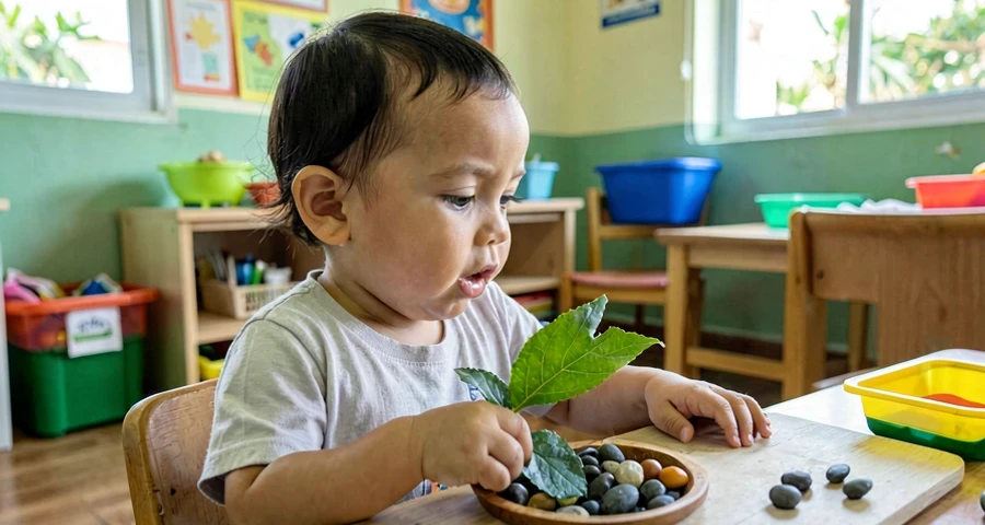 bebê comparando folha e pedrinha durante atividade sensorial na creche