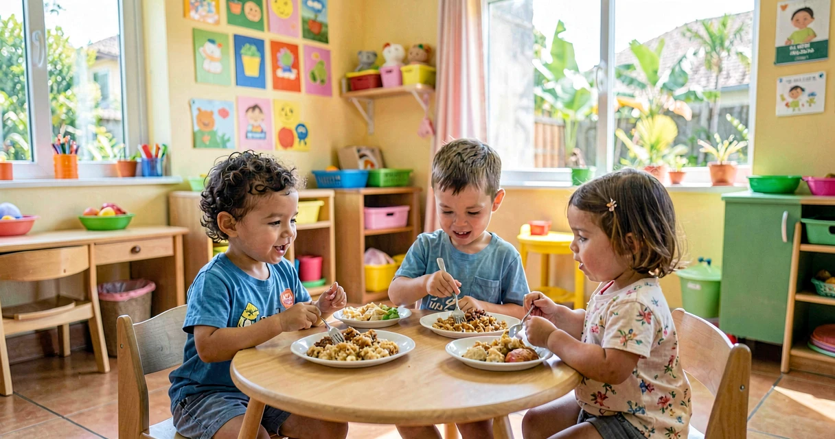 plano de aula lanche comunitário: crianças da creche compartilhando alimentos à mesa