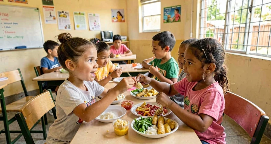 criança da creche compartilhando alimento com colega durante lanche comunitário