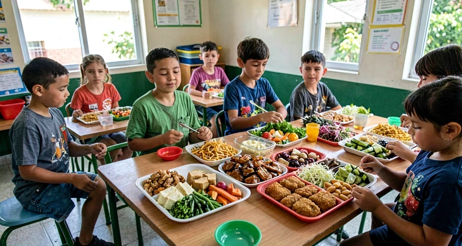 bandejas de alimentos organizadas para lanche comunitário na creche