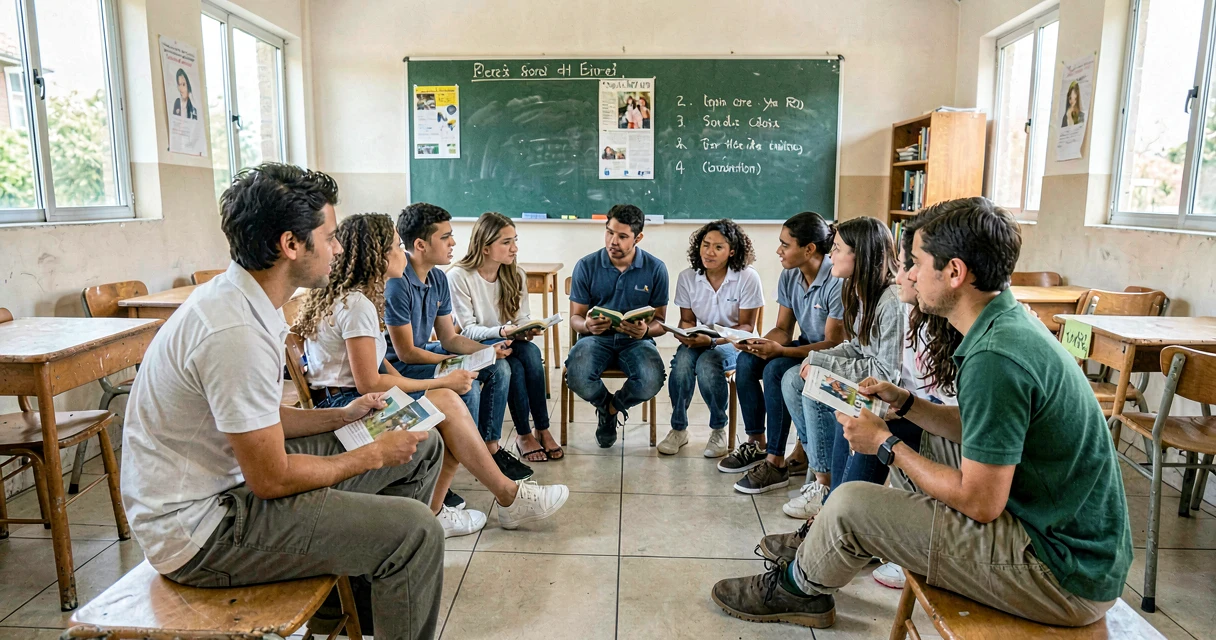 plano de aula roda de leitura: alunos do 9º ano sentados em círculo discutindo um livro