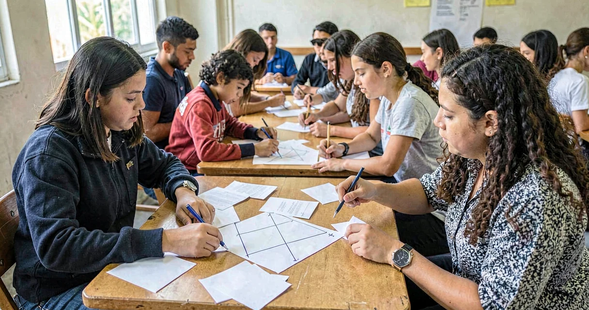 plano de aula teorema de pitágoras: alunos do 9º ano recortando quadrados de papel
