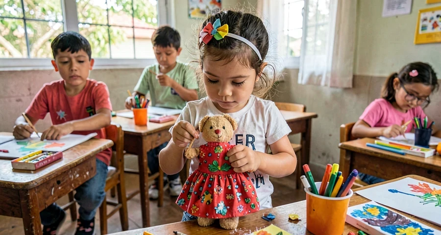 criança da creche montando boneca de tecido colorida em atividade de arte