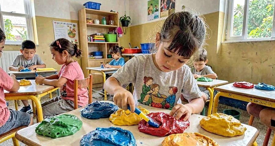 criança da creche modelando massa colorida inspirada em esculturas artísticas