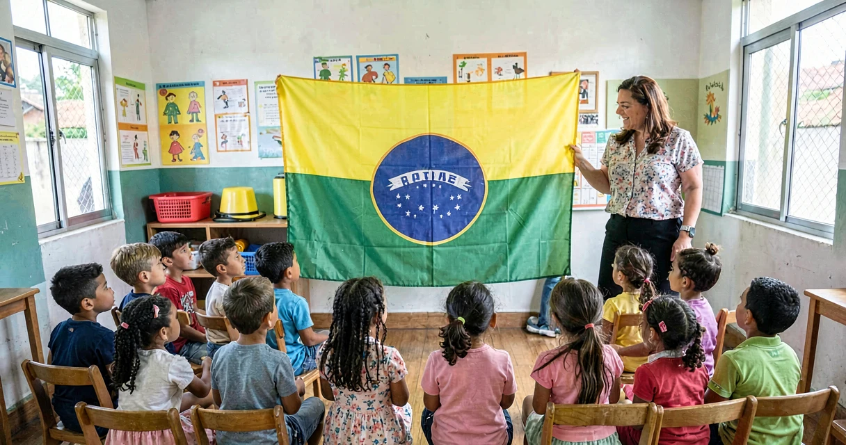 plano de aula bandeira do brasil: crianças da pré-escola observando bandeira nacional