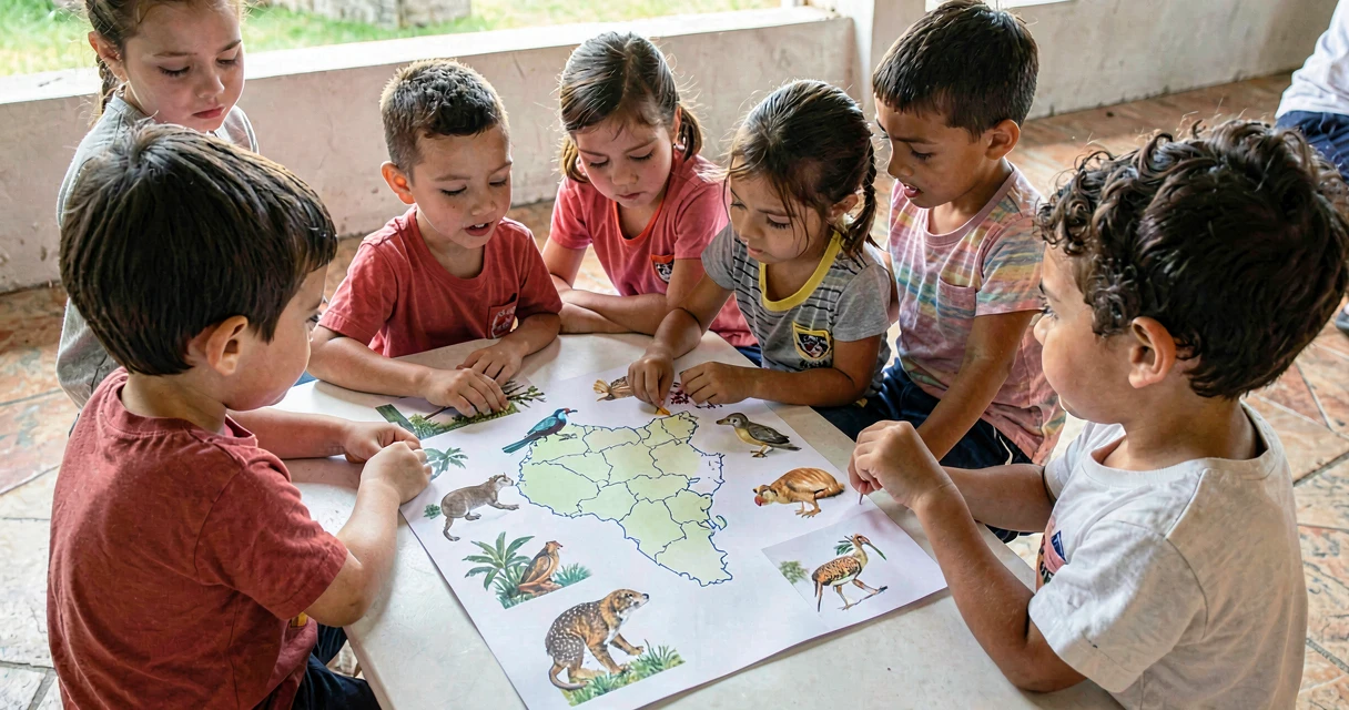 plano de aula animais dos biomas: crianças da pré-escola observando imagens de animais brasileiros