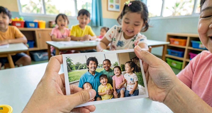 mão de bebê tocando foto de família em atividade de reconhecimento na creche