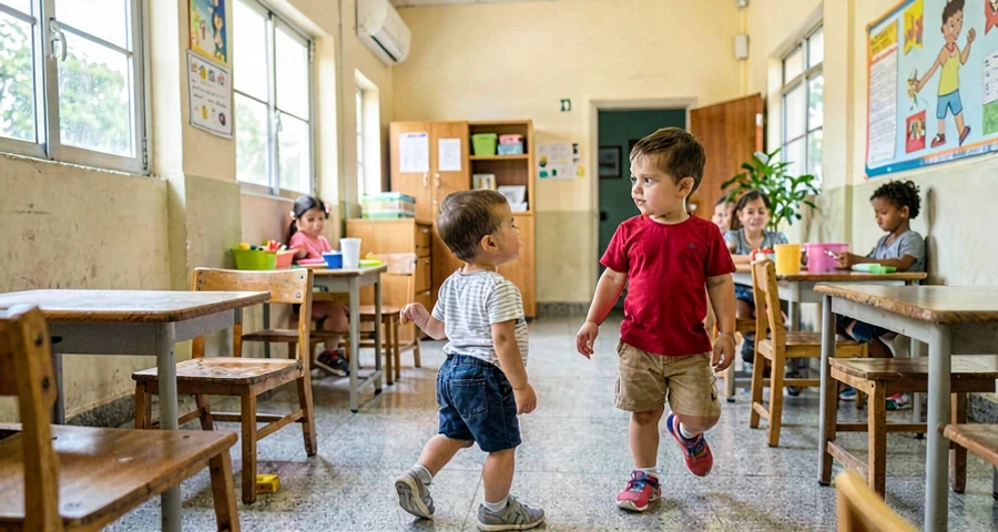bebê observando novo ambiente durante passeio pela escola na creche