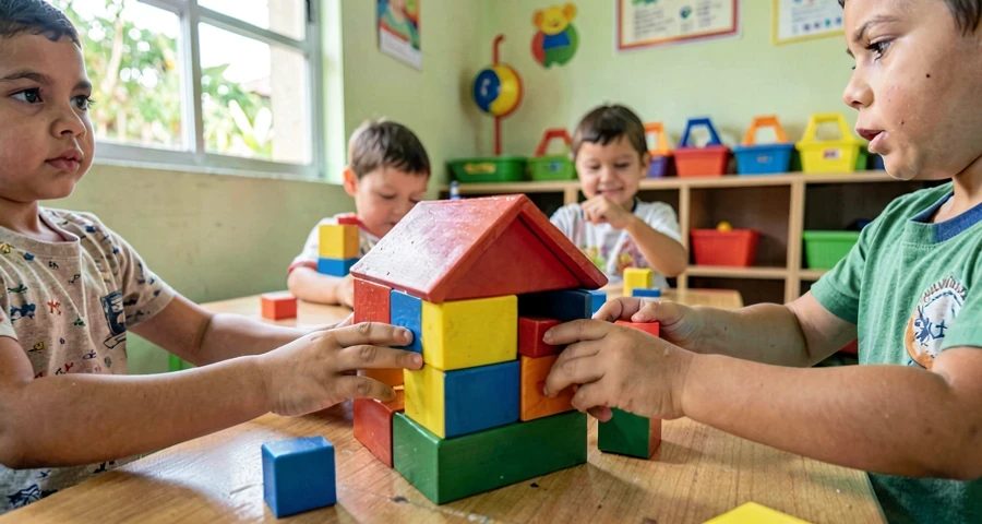 mãos de criança encaixando blocos coloridos para construir casinha na creche