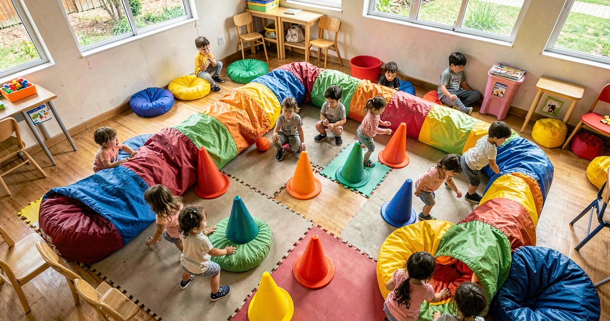 plano de aula percurso para crianças bem pequenas: visão superior de um espaço com almofadas coloridas, cones e tecidos em sala de aula