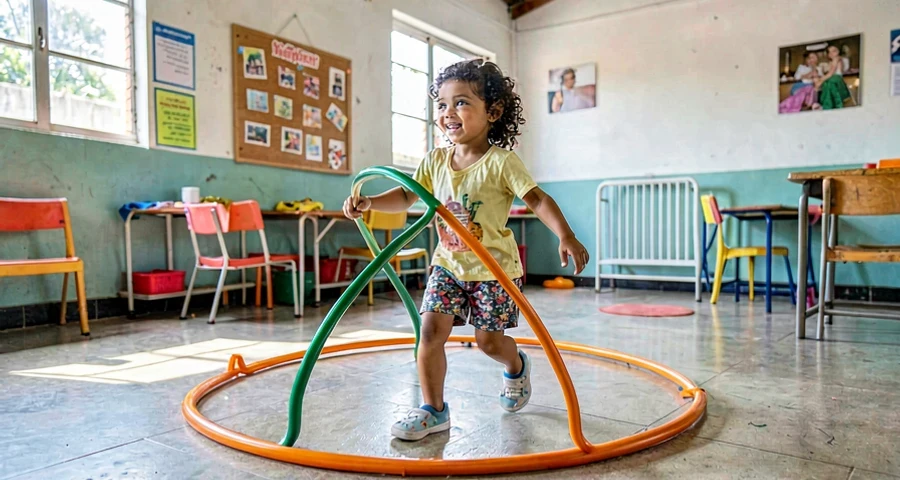 criança da creche percorrendo circuito motor com bambolês
